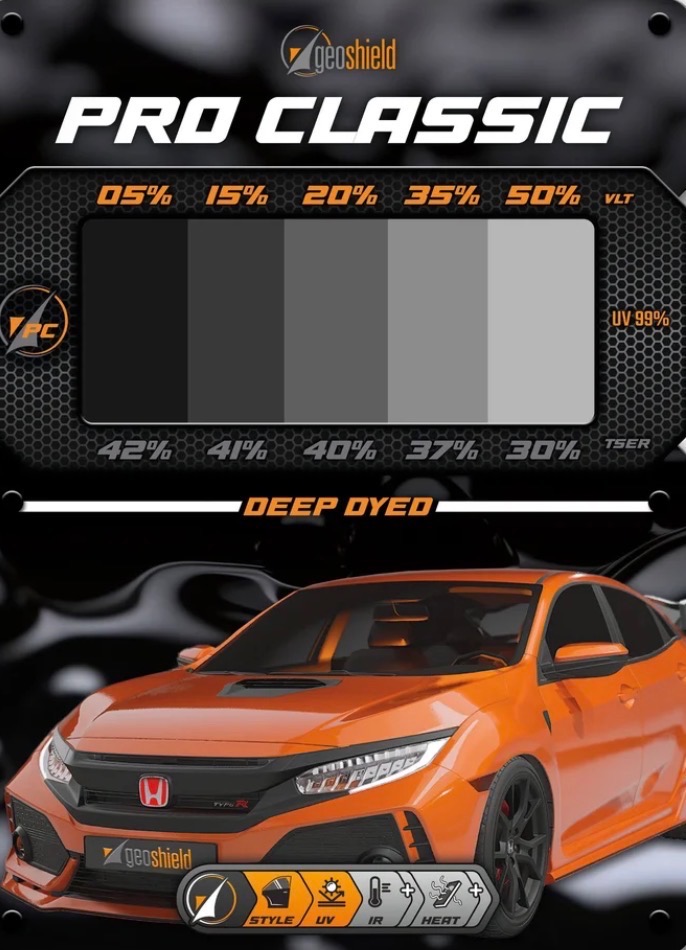 Pro Classic automotive window tint shade and performance chart