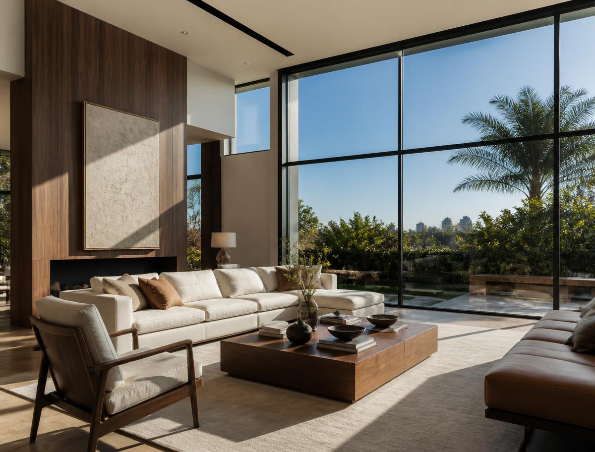 Modern Burbank home interior with large treated windows